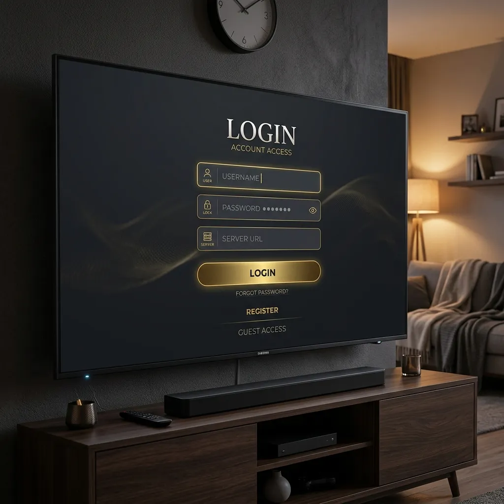 Sleek login portal UI on a smart TV for IPTV Smarters Pro Xtream Codes API connection