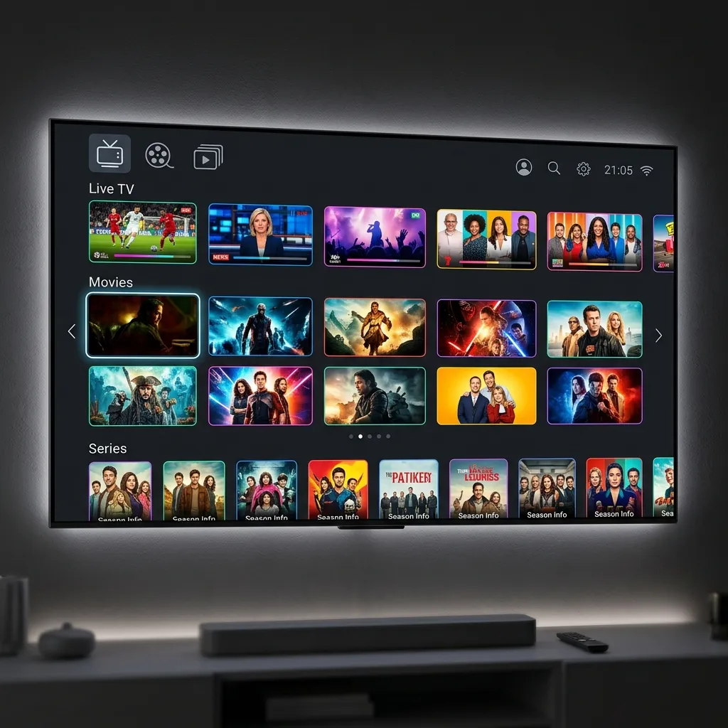 Ibo Player Pro interface showing movies and live TV categories